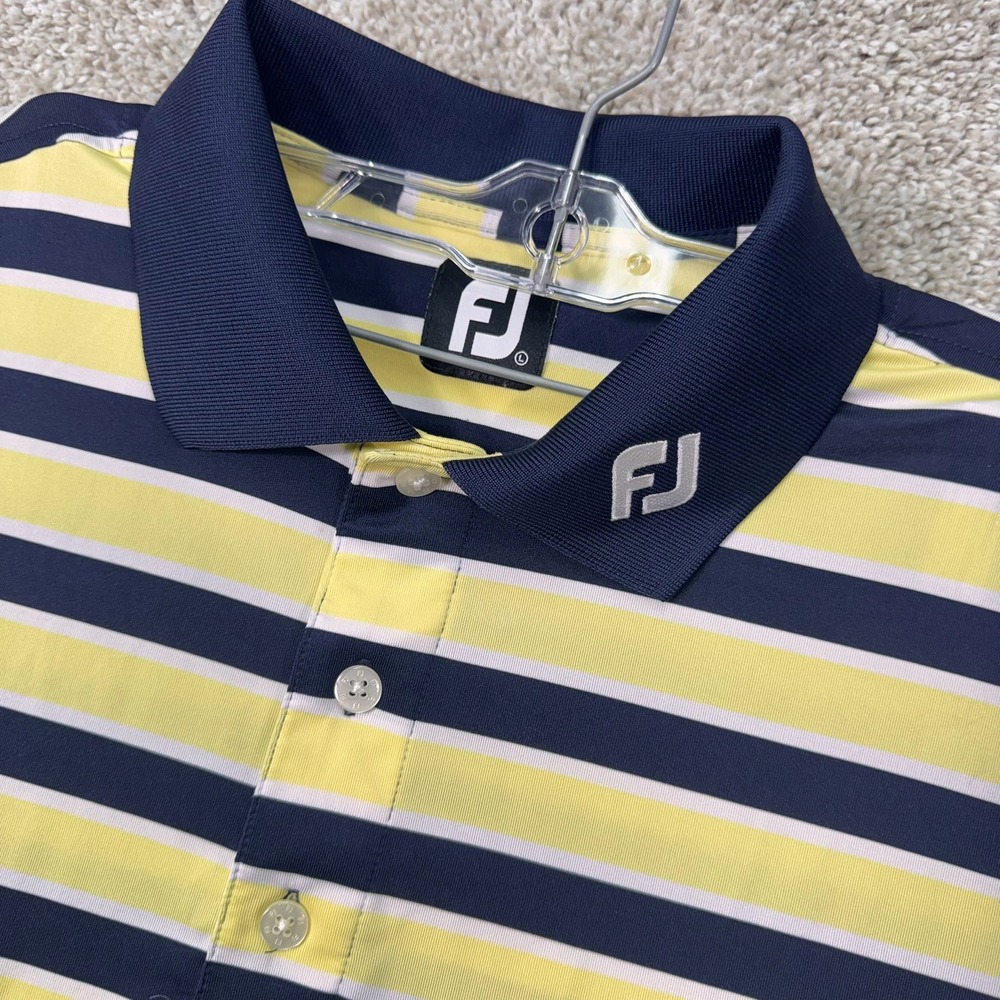 FootJoy Polo Shirt Mens Large Yellow Navy Blue Striped Short Sleeve EUC